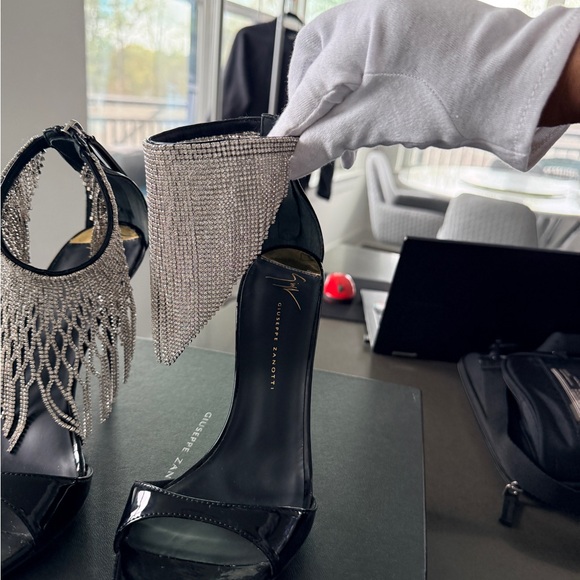 Giuseppe Zanotti Black Patent Leather Crystal Fringe Ankle Strap Heels - Picture 4 of 7
